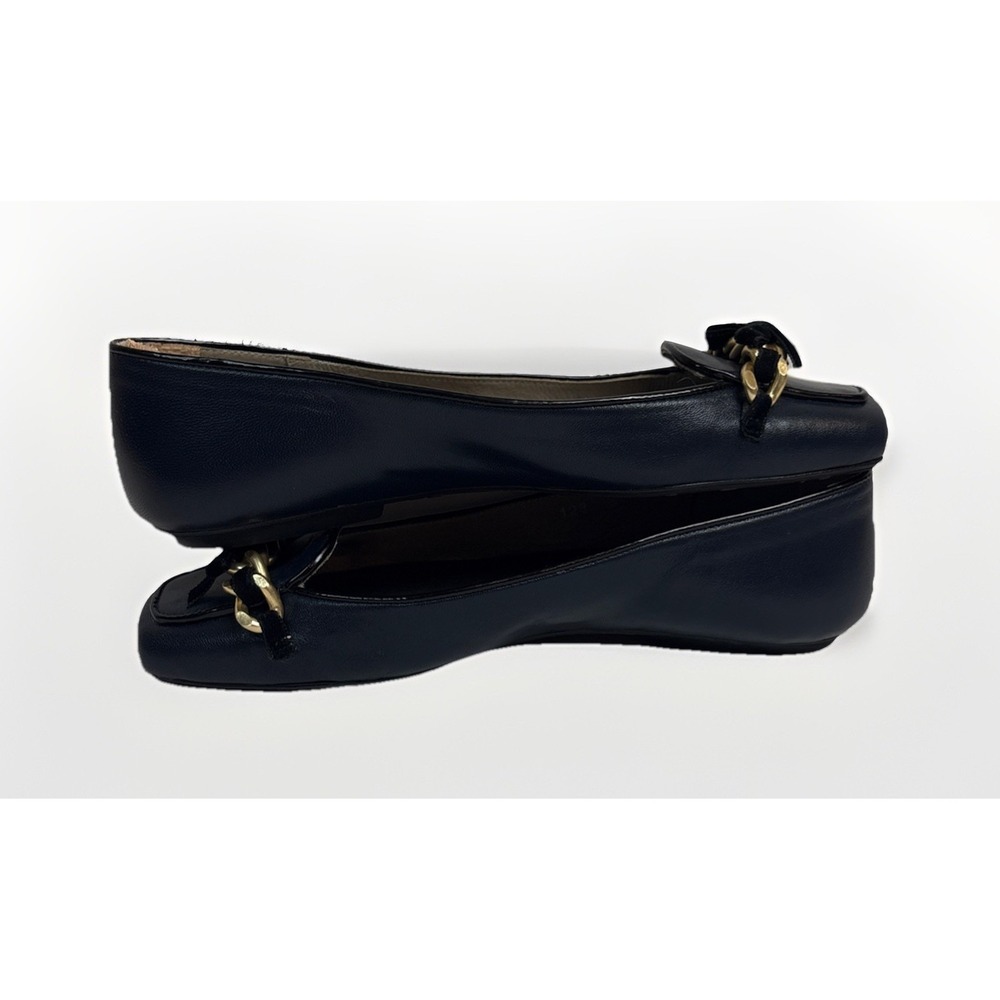 French Sole Gleam Navy Blue Nappa Leather Square Toe Chain Bow Women's Size 5M - Picture 6 of 10